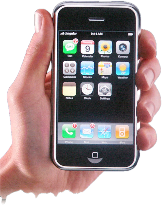 A hand holding the first iPhone, its home screen lit.